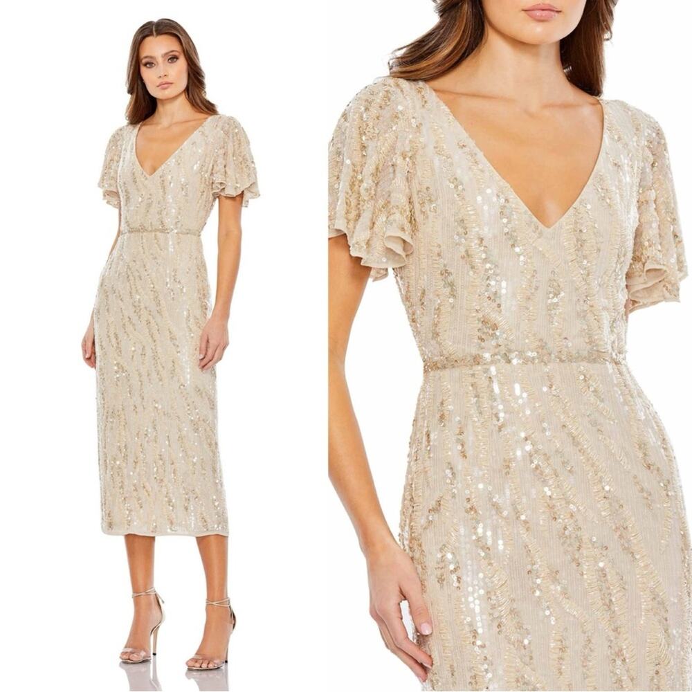 NWT Mac Duggal Monotone Sparkly Sequin Fully Embellished Midi Dress Cocktail 2